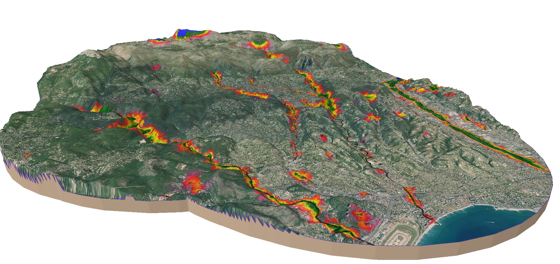 Vue 3D de la fonctionnalité du réseau écologique des milieux humides de la ville de Vence réalisée avec EcoNet